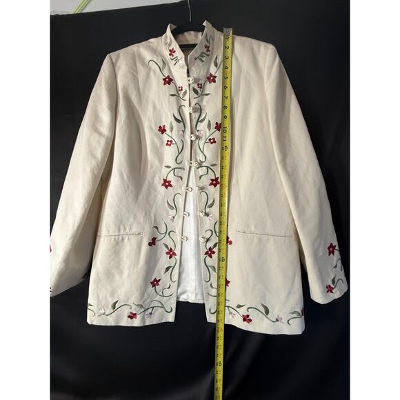 Kate Hill Linen Embroidered Jacket 16 Misses Mandarin Collar Floral Frog Button - Picture 5 of 11